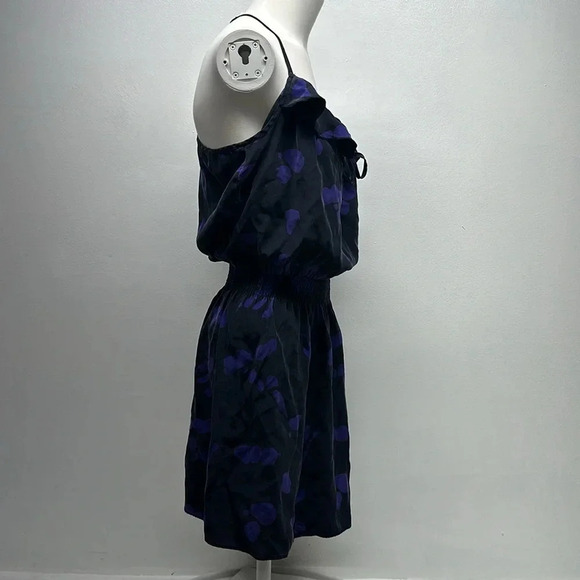 Parker Mini Dress Pure Silk Ruffle Racerback Polka Dot Black Purple Size Medium - Picture 2 of 10